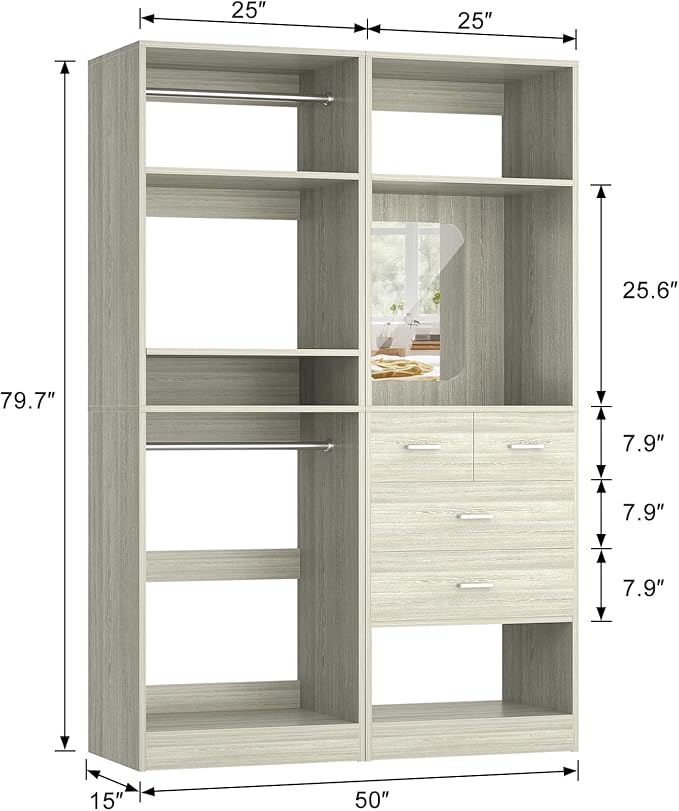 Unikito 50” Closet System with 4 Drawers, 4.2FT Wood Closet Organizer with Hanging Rod and Mirror, Reversible Small Walk in Closets Wardrobe, Adjustable Sturdy Clothes Garment Rack, White Oak