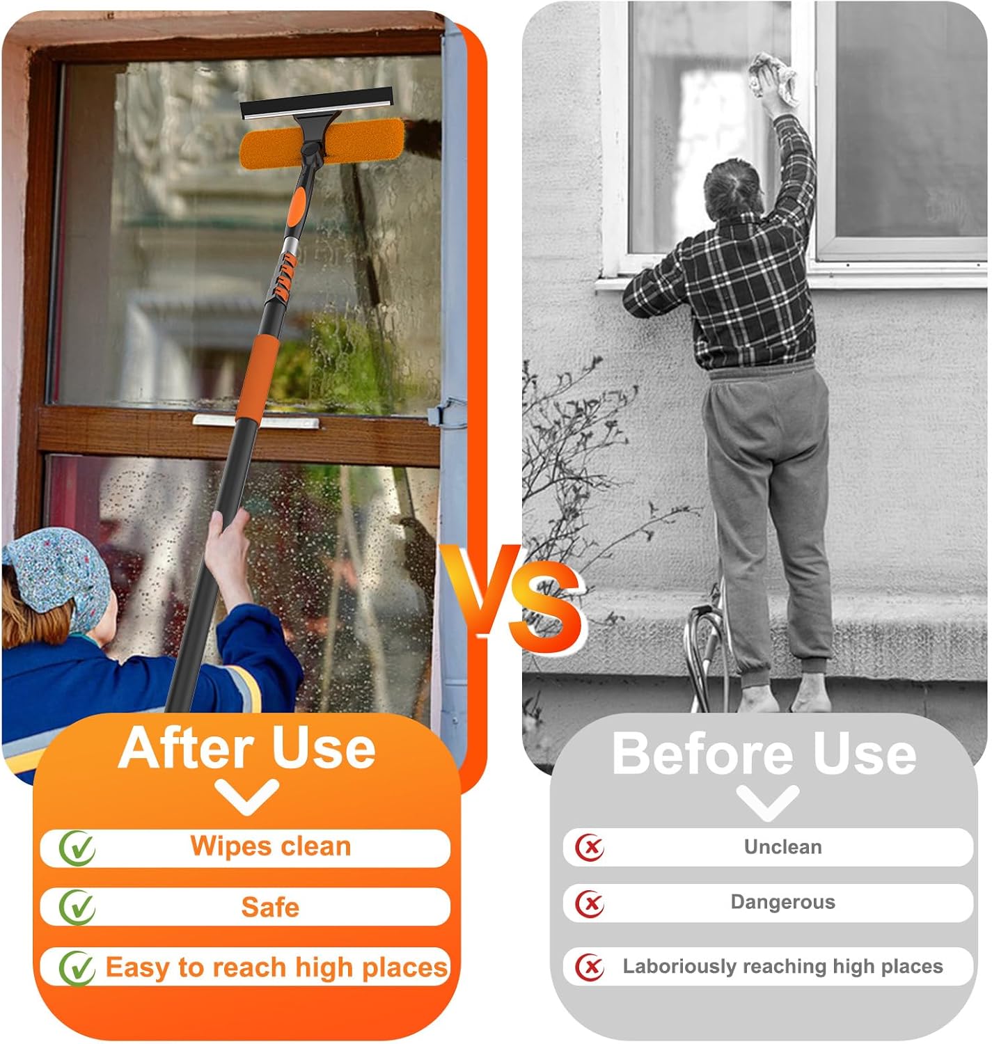 36FT Window Squeegee with Extension Pole, 2-in-1 Squeegee for Window Cleaning, Professional Cleaning Kit for Home with 30FT Telescoping Pole for Outdoor Indoor Use