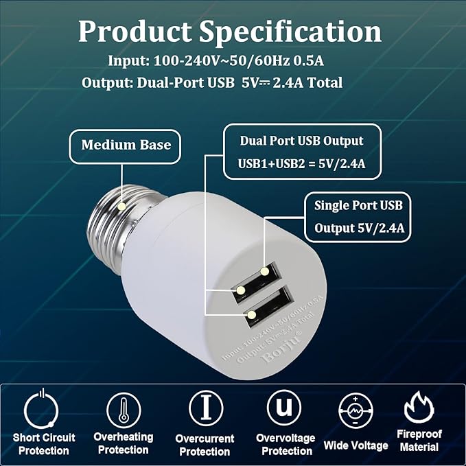 Borju Light Socket USB Adapter for Decorative Lights,Lighting,Security Camera,Mini Fan. Output DC 5V/2.4A Total,Dual Port