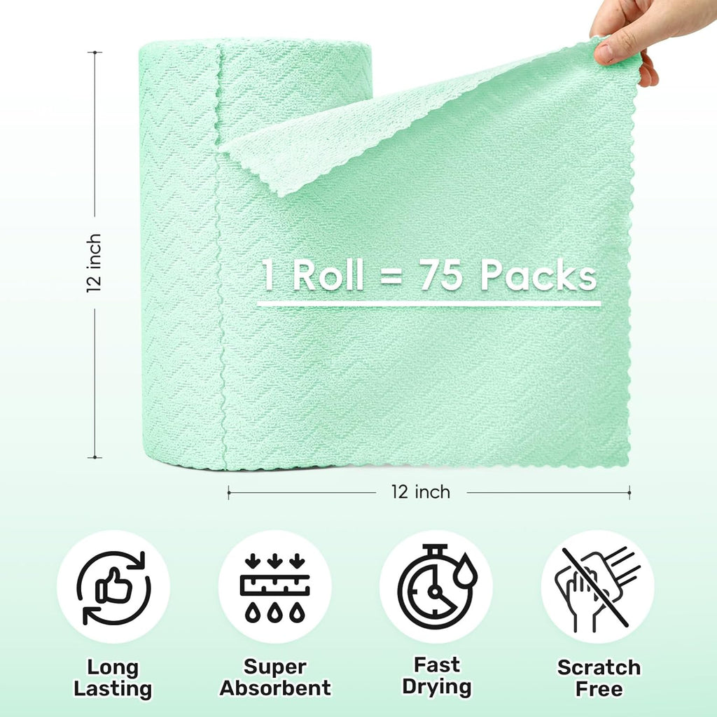 Microfiber Cleaning Cloths Roll, 75 Pack Tear Away Microfiber Towels Roll, 12" x 12" Lint Free Rags, Reusable Cleaning Cloths, Washable, Scratch Free,Ultra Absorbent Dish Rags(Green Ripple)
