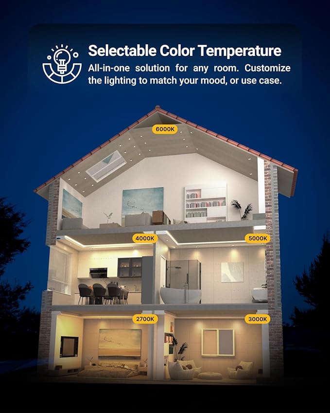 Sunco 6 Pack 4 Inch Adjustable Recessed Lighting 4 Inch LED, Angled Directional Eyeball Canless Gimbal, 750 LM, Selectable CCT 2700K/3000K/4000K/5000K/6000K, Dimmable, 8W, with Junction Box ETL