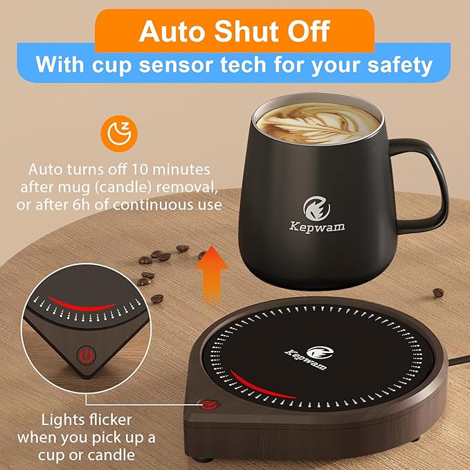 Coffee Mug Warmer & Kepwam Mug Set, 3 Temp Settings up to 167℉, Gravity Sensor & Light Display, Cup Warmer with 6H Auto Shut Off, Idealt Gift for Dad Mom, Beverage Warmer for Heats Coffee, Tea & More