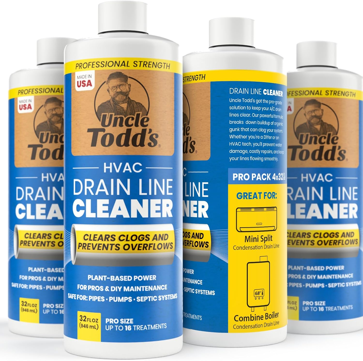 Uncle Todd's HVAC Drain Line Cleaner – 4pk of 32oz Bottles: Bleach-Free, Fast-Acting, Long-Lasting AC Drain Line Solution for Tough Clogs & Buildup