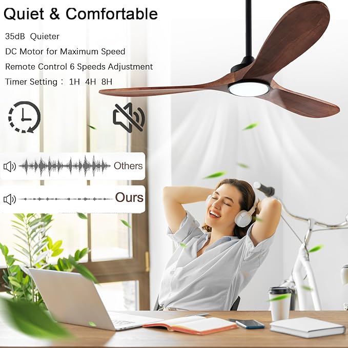 52" Wood Ceiling Fans with Lights and Remote Control,Indoor Outdoor 3 Blades Wooden Ceiling Fan for Garage,Patio,Living Rooms,Bedrooms,Offices,Farmhouse(Black+Dark Walnut)