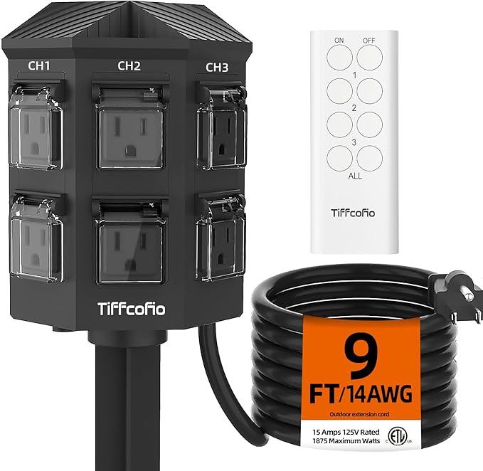 Outdoor Remote Control Power Strip, 9FT Extension Cord Waterproof, Independent Control Outlets, 6 Grounded Outlets for Outdoor Decorations, 14 AWG, 15A/1875W, ETL Listed (9 FT)