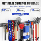 Garage Tool Organizer Wall Mount 96 inches with 18 Adjustable Heavy-Duty Hooks, Garage Organization, Garden Tool Storage Rack, Yard, and Shed, Holds Up to 750 lbs (Grey)