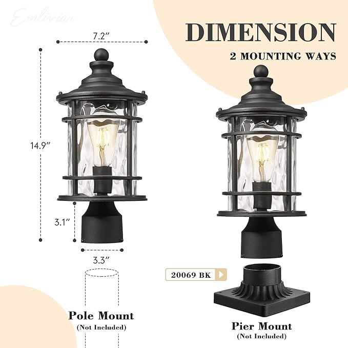 Emliviar Outdoor Post Lighting, 15 Inch Modern Vintage Exterior Pole Lantern for House Garden, Lamp Post Light with Water Ripple Glass, Black Finish, XE229P-WG BK