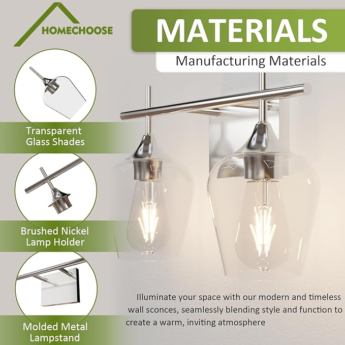 Vanity Bathroom Light, 2-Light Bathroom Light Fixtures Over Mirror, Silver Vanity Lights for Bathroom with Clear Glass, Modern Wall Lamp for Cabinet Hallway, Bedroom