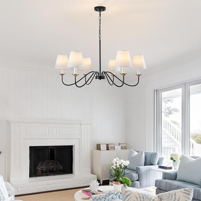 Vintage Chandelier Farmhouse Chandelier for Dining Room - 6 Lights 35.8" Modern Light Fixture, Adjustable Pendant Lighting for Living Room Hallway Bedroom Foyer Black with White Fabric Shade