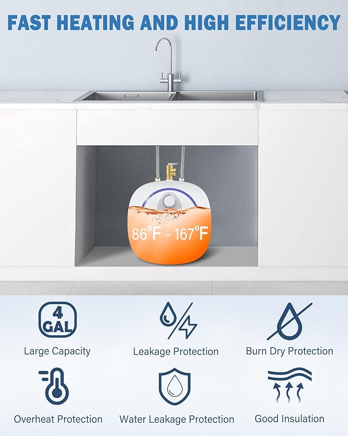Electric Mini Tank Water Heater, 4-Gallon Instant Hot Water Heater, 120V 1440W, Rapid Heating, Easy to Install, Under Sink, Floor Mounted, Kitchen, Bathroom and RV