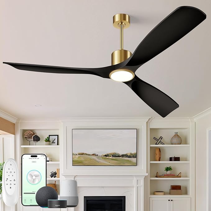 60" Smart Ceiling Fan with Lights,Outdoor Ceiling Fan Work with Alexa/Gg/App/Remote,3-Color Light Dimmable 6-Speed Quiet Reversible for Patio Porch Bedroom,Black and Gold