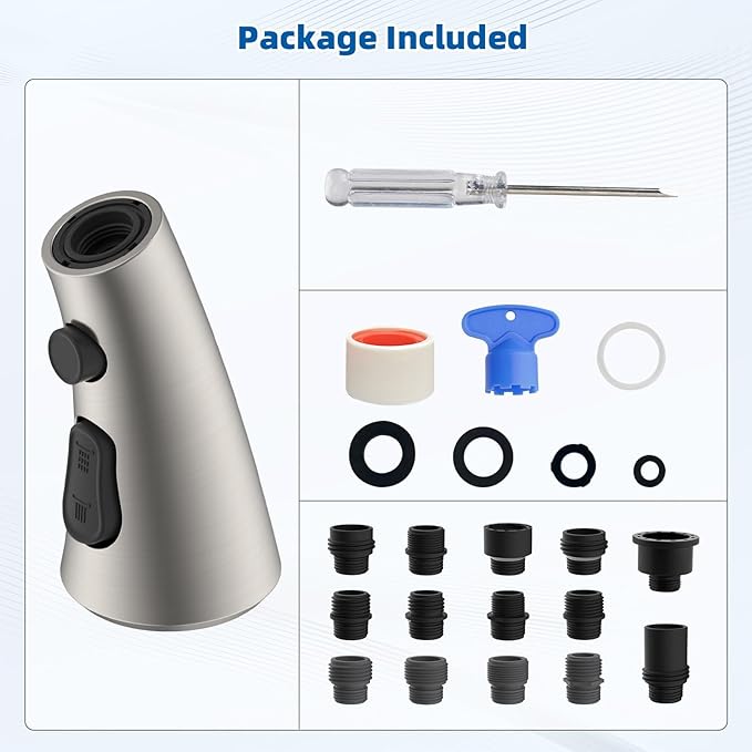 Hibbent Curved Pull Down Kitchen Faucet Head Replacement, 3-Function Kitchen Sink Spray Nozzle with 14 Adapters, Anti-Splash, Compatible with Kohler Bent Faucets, Brushed Nickel