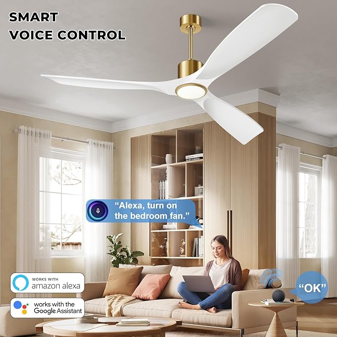 52" White and Gold Ceiling Fan with Lights,Smart Ceiling Fan Work with Alexa/Gg/App/Remote,3-Color Light Dimmable 6-Speed Quiet Reversible DC Motor for Patio Porch Bedroom