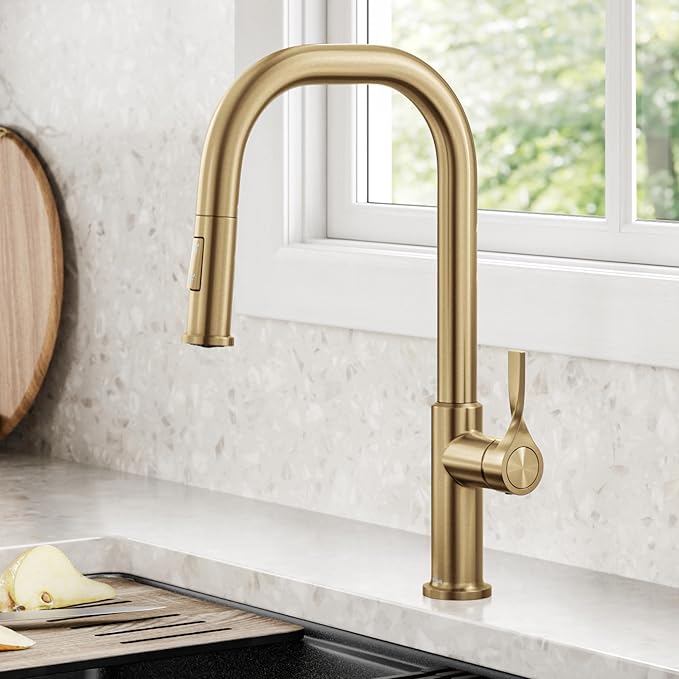 KRAUS Torak Pull Down Kitchen Faucet in Spot-Free Brushed Brass with 2 Function Sprayer, Pre-Attached Water Lines, and Mounting Hardware, KPF-2841SFBB