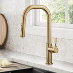 KRAUS Torak Pull Down Kitchen Faucet in Spot-Free Brushed Brass with 2 Function Sprayer, Pre-Attached Water Lines, and Mounting Hardware, KPF-2841SFBB