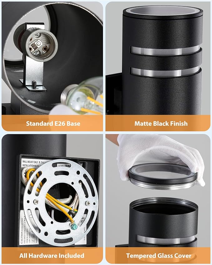 SHIMR Dusk to Dawn Outdoor Lighting 2 Pack, Modern Outdoor Wall Lights with LED Bulbs, Matte Black Exterior Lighting Fixtures Wall Mount, Up and Down Outside Lights for House Porch Garage [ETL Listed]