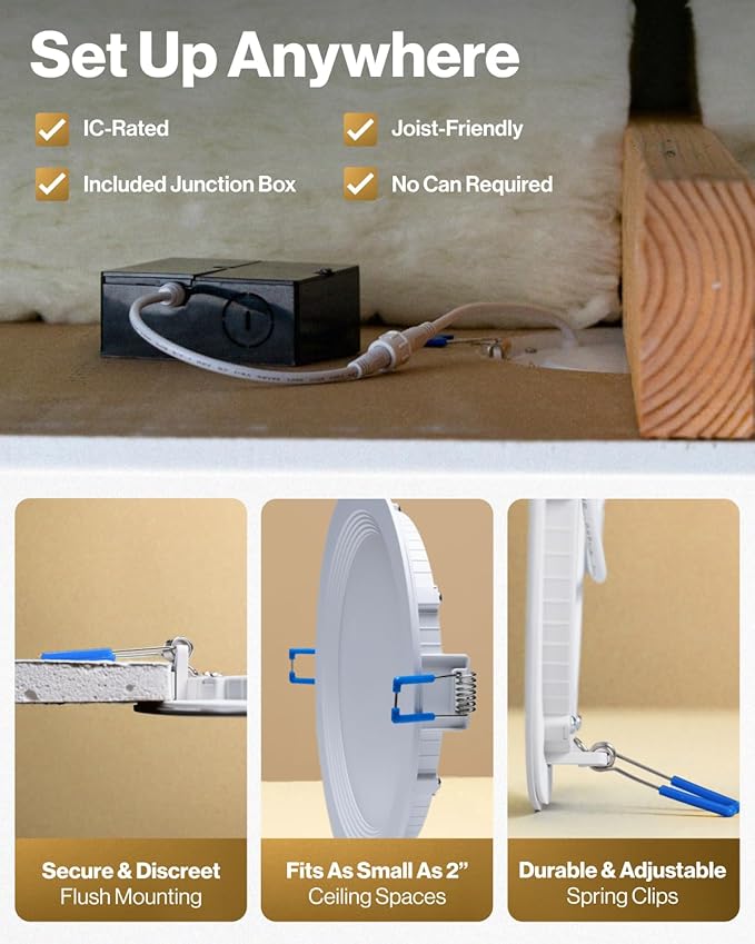 Sunco 12 Pack 6 Inch Ultra Thin LED Recessed Ceiling Lights Slim, Night Light, Baffle Trim, 2700K/3000K/4000K/5000K/6000K Selectable, Dimmable, 14W, Canless Wafer with Junction Box - ETL.