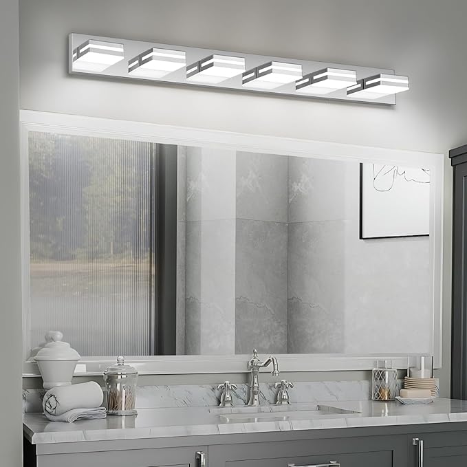 Modern LED Bathroom Lights Fixtures(6-Light),Metal Chrome Acrylic Wall Lighting,Vanity Lights for Bathroom Over Mirror(6000k 41In