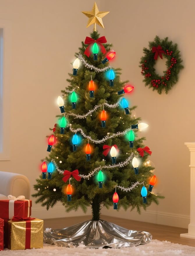 50 Pack C7 Christmas Replacement Bulbs, 5W Incandescent Multicolor Bulbs Waterproof, E12 Night Light Bulbs for Outdoor String Lights, for Porch Patio Garden Decor, Red, Blue, Green, Orange, White