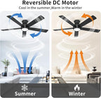60 Inch Black Ceiling Fans with Lights and Remote, LED Low Profile Flush Mount Ceiling Fan for Bedroom, Living Room, Quiet DC Motor, Dimmable 6 Speeds