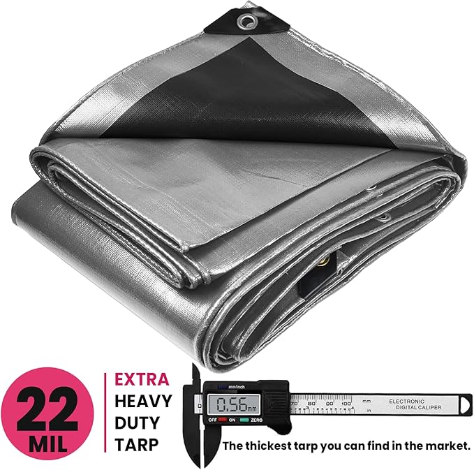 PROTARP Extreme Heavy Duty 22 Mil Tarp Cover, Waterproof, UV Resistant, Rip and Tear Proof, Poly Tarpaulin with Reinforced Edges for Roof, Camping, Patio, Pool, Boat. (Silver/Black 40′ X 50′)