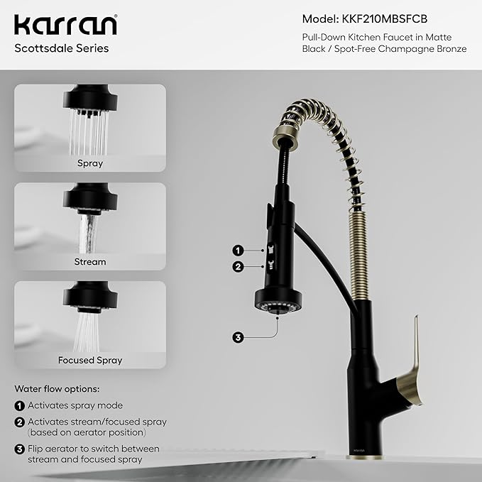 Karran Scottsdale Single-Handle Pull-Down Sprayer Commercial Style Kitchen Faucet in Matte Black/Spot-Free Champagne Bronze