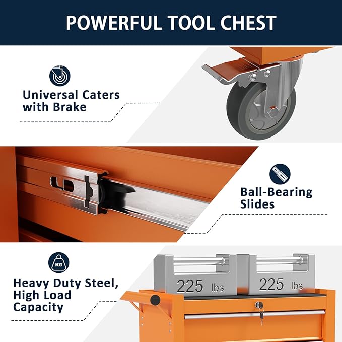 5-Drawer Metal Rolling Tool Chest with Wheels,Tool Storage Cabinet with Locking System，Toolbox with Wheels for Garage, Warehouse, Workshop, Repair Shop (Orange, 5Drawer)