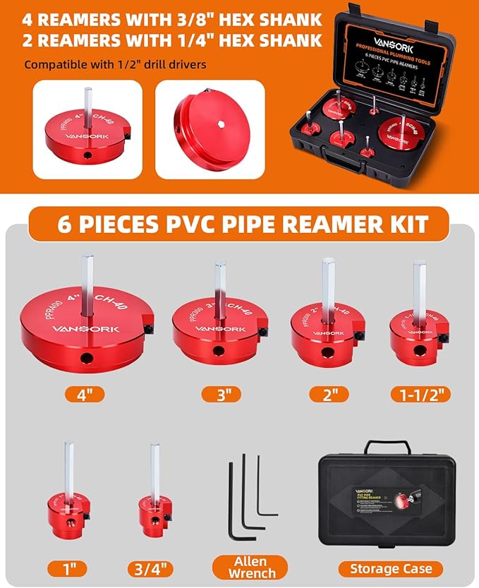 6 Pieces PVC Pipe Fitting Reamer Kit, Plastic Pipe Reamer Tool with 3/4", 1", 1-1/2", 2", 3", 4", PVC Fitting Saver for SCH40, ABS, CPVC Pipe, Fit into Standard 1/2" Drills
