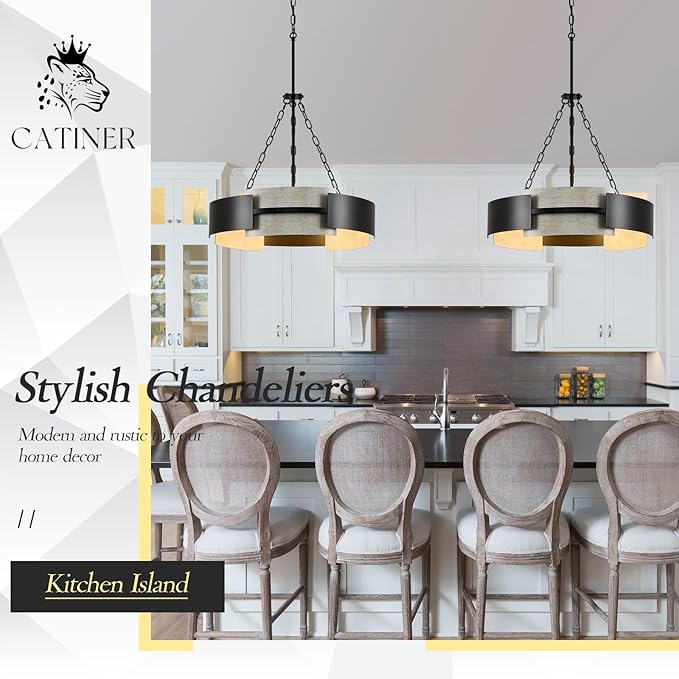 Industrial Drum Chandelier 24" 6-Light Modern Chandelier Black Metal Hanging Light Fixture Weathered Wood Grain for Living Dining Room Foyer Entryway Kitchen