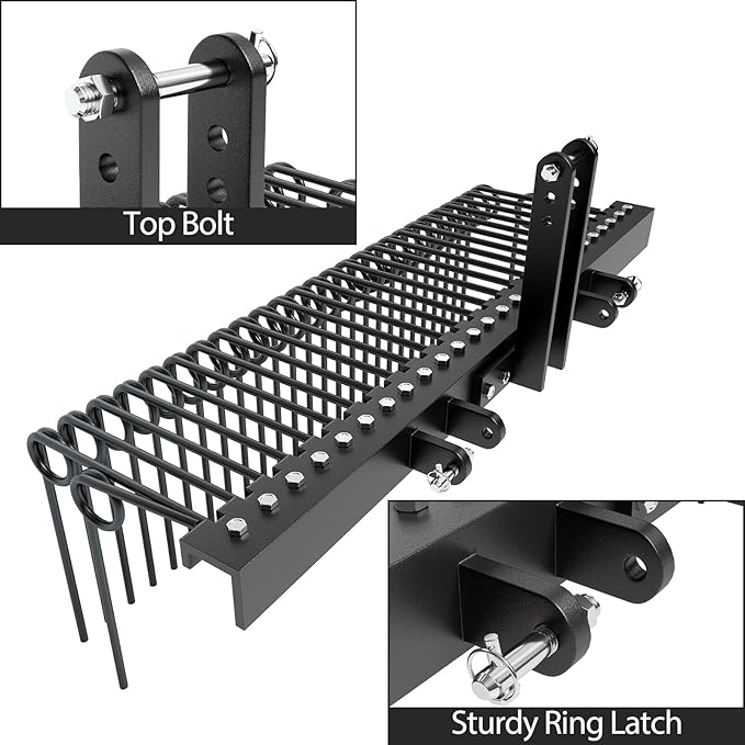 60 Inch 3 Point Tractor Rake, Pine Straw Needle Rake, Durable Powder Coated Steel Spring Landscape Rakes Fit for Cat0,Cat1,Black