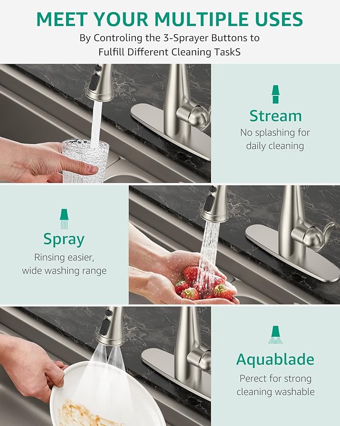 Mbillion Universal Brushed Nickel Kitchen Faucet Sprayer Head Replacement – 3-Function Pull-Down Nozzle with 14 Adapters – Fits Moen, Delta, Kohler, WEWE & American Standard