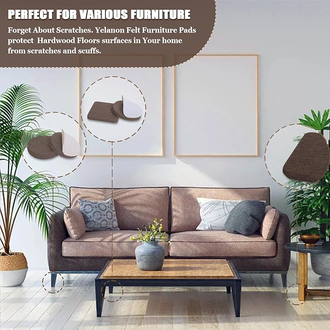 Yelanon Felt Furniture Pads -182 Pcs Premium Felt Pads for Chair Legs Furniture, Floor Protectors for Hardwood Floors, Brown
