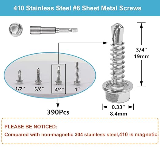 QSJ 390PCS #8 x 3/4'' Sheet Metal Screws 410 Stainless Steel Hex Washer Head Fast Self Tapping Screws with Screwdriver Bit Silver