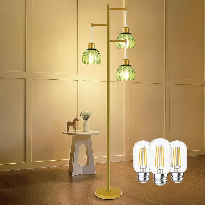 Glass Floor Lamps for Living Room, 3 Lights Mid Century Modern Standing Lamp with Foot Switch, Retro Gold Floor Lamp with Green Glass Shade, Vintage Tree Tall Lamps with Bulb for Bedroom Office