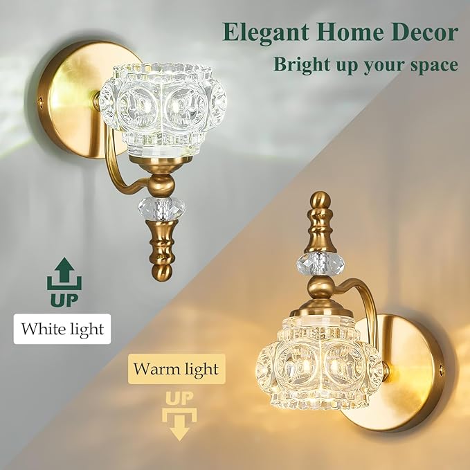 Modern Wall Sconce Set of Two Indoor Lamp Gold Vintage Glass Light Bathroom Vanity Fixture Wall-Mounted Room Lighting