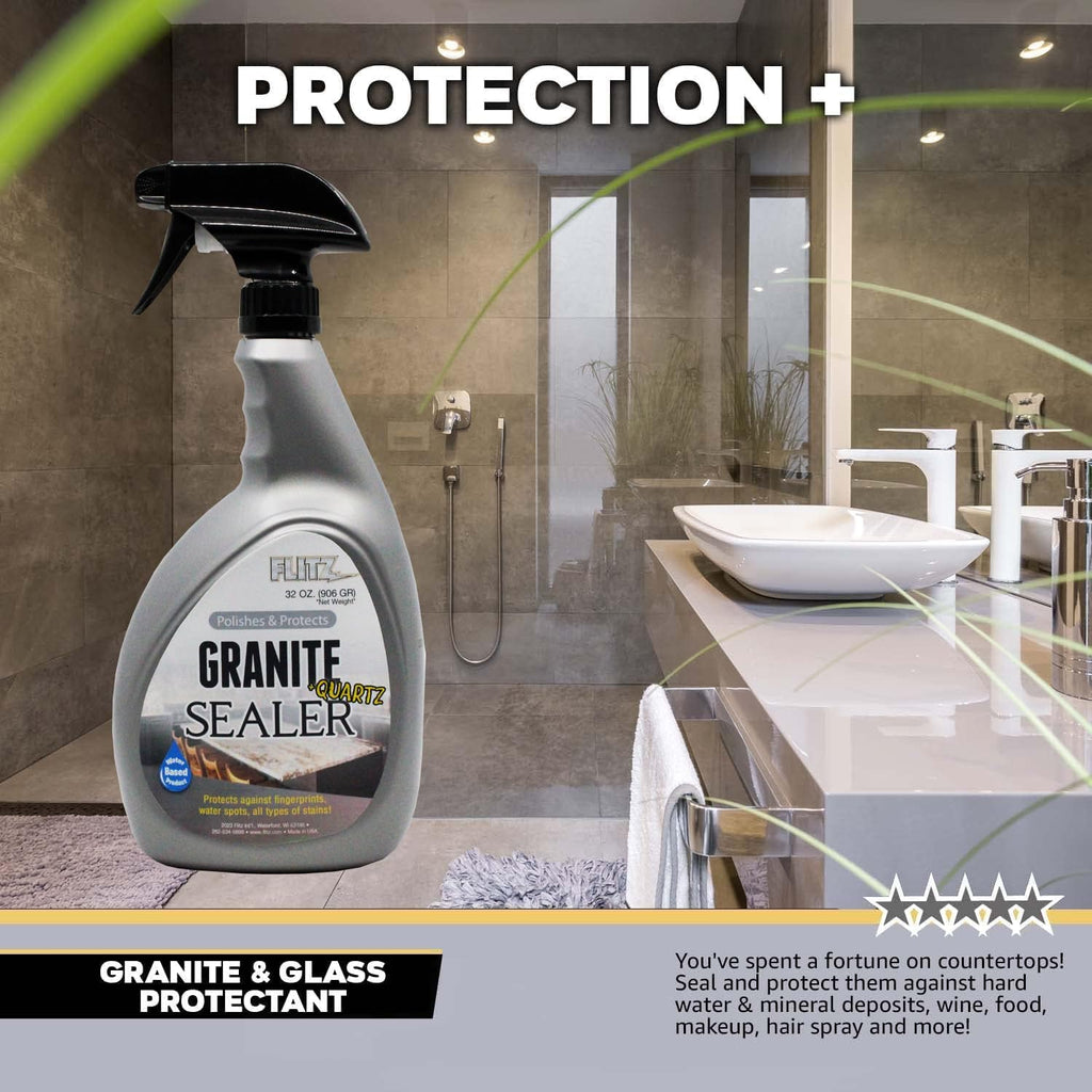 Flitz Granite Sealer (+ Quartz) - 32oz Bottle of USA-Made Quartz Sealer for Countertops, Glass, & More - Food Safe Marble Sealant that Shields Against Hard Water Stains, Mineral Deposits, Oil (1 Pack)