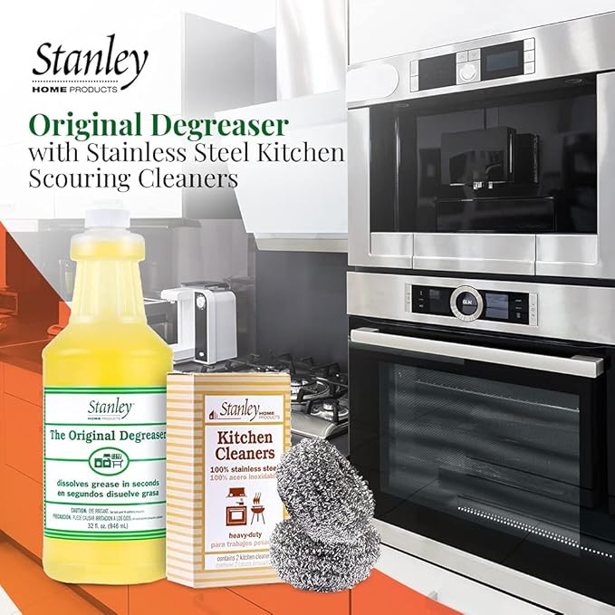 Stanley Home Products Original Degreaser with Stainless Steel Kitchen Scouring Cleaners - Multipurpose Cleaner Set Removes Grease Stains and Build Up on Pots Pans Grills and More