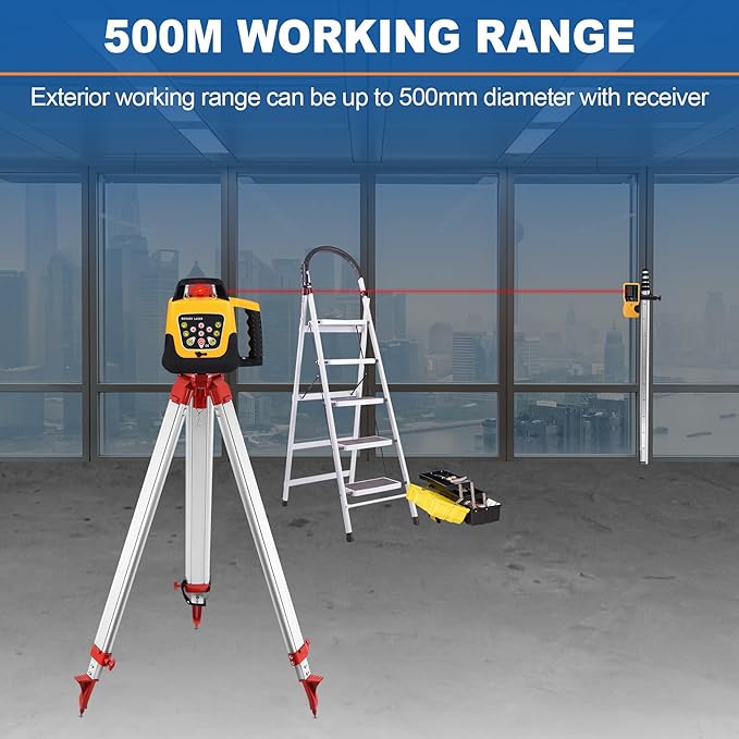 Automatic Self Leveling Rotary Laser, 500m Red Laser Survey Level with Tripod Aluminum Grade Rod, 360 Degree Rotating Horizontal & Vertical Laser Level Kit, Transit Level for Construction