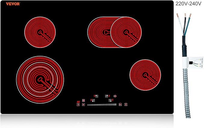 VEVOR Built in Electric Stove Top, 30 inch 4 Burners Ceramic Cooktop, 240V Glass Radiant Cooktop with Sensor Touch Control, Timer & Child Lock Included, 9 Power Levels for Simmer Steam Slow Cook Fry