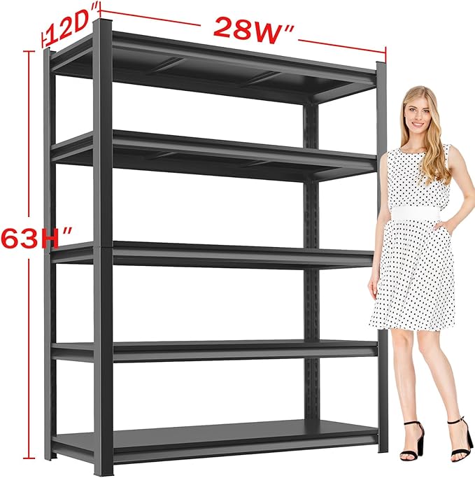 Metal Garage Storage Shelves Heavy Duty Shelving Unit 5 Tier Steel Adjustable Organizing Shelves 3000 LBS Capacity Industrial Shelving Ideal for Garage Tote Pantry Basement Outdoor, 63”Hx28”Wx12”D