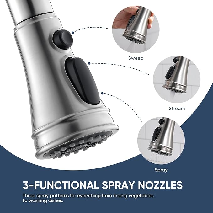 WEWE Vintage Kitchen Faucet with Pull Down Sprayer, Stainless Steel 1 or 3 Hole High Arc Single Handle Antique Sink Faucet for Classic Modern Ktichen, Brushed Nickel