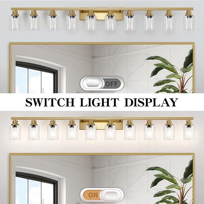Gold Bathroom Vanity Light,10-Light Brushed Gold Bathroom Light Fixtures with Clear Glass,64.5in Wall Lamp Sconces for Mirror Bedroom,Living Room Hallway,E26