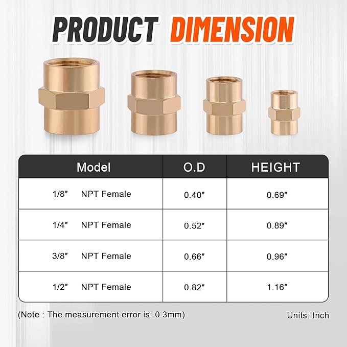 24Pcs Brass Pipe Fittings,1/8" x 1/8",1/4" x 1/4",3/8" x 3/8",1/2" x1/2" NPT Female Hex Coupling Hex Head Coupler Pipe Fitting
