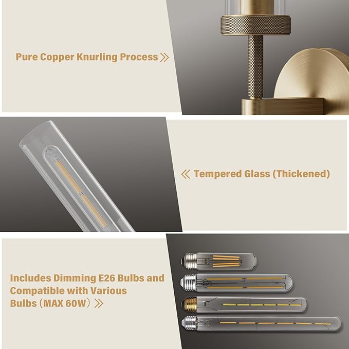 Brass Wall Sconces Set of Two 19.48'' Knurled Texture Indoor Wall Light Fixtures, Bathroom Vanity Light Fixtures with Clear Glass, Modern Wall Lamp for Living Room Hallway (Bulb Included)