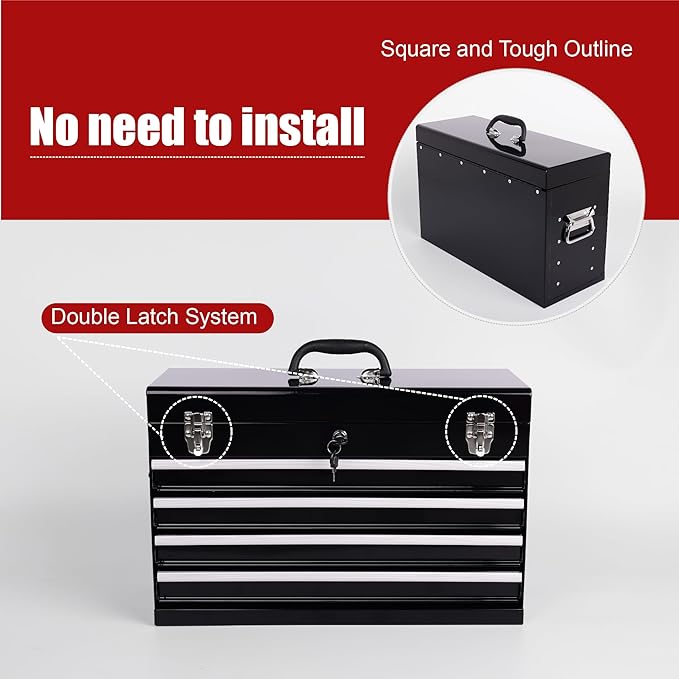 4 Drawers Metal Tool Box, 21" Portable Steel Tool Chest w/Key Lock & Latch Closure, Multi-Function Top Storage Tray Toolbox w/Powder Coating & Ball Bearing Slides for Garage & Workshop(Black)