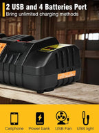 DCB104 20V MAX Battery Charger Replacement for Dewalt Battery Charger, 4 Port Multi Charger Station with 2 USB Ports, Compatible with Dewalt 12V-20V Batteries