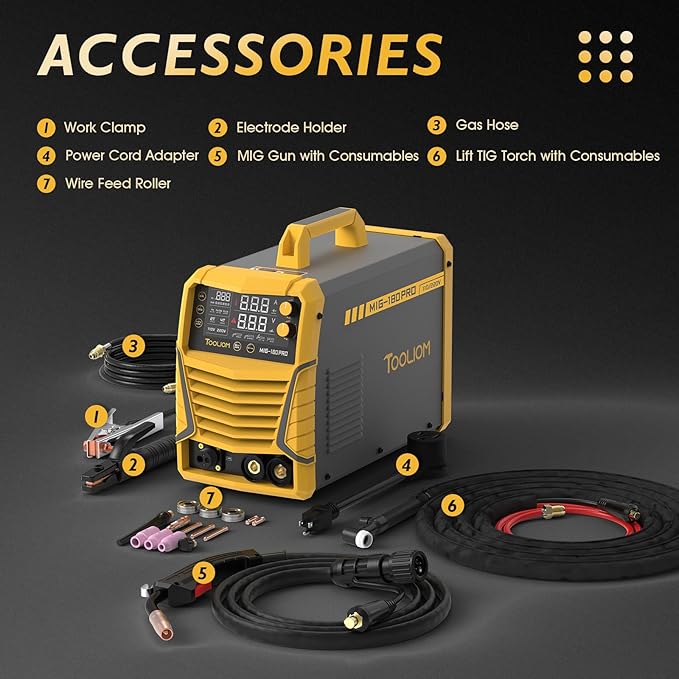 TOOLIOM 4 in 1 MIG Welder 180A Gas MIG/Flux MIG/Stick/Lift TIG Multiprocess Welding Machine 110V/220V Welder with Lift TIG Torch