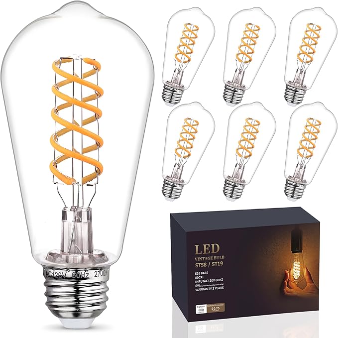 6 - Pack Edison Light Bulbs 60W Equivalent, Dimmable Vintage LED Light Bulbs, E26 Medium Base, ST58, 6W, 600LM, 2700K, 80+ CRI, Antique Decorative Filament LED Bulb