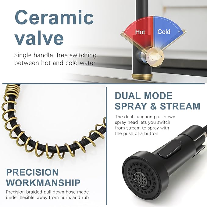 AIMADI Matte Black Kitchen Faucet,Black and Gold Kitchen Faucet with Pull Down Sprayer Commercial Single Handle Spring Sink Faucets Suitable for Farmhouses,Camper Laundry Rv Bar