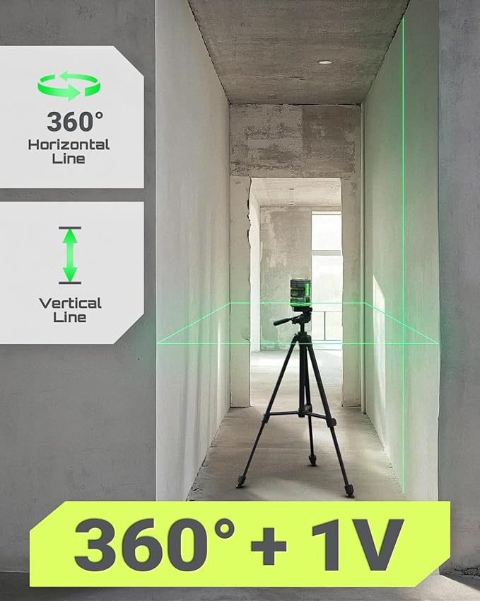 LASGOO Green Laser Level Self Leveling, 360° Horizontal Laser with Vertical Laser Line, 4 Brightness Levels Pulse Mode for Floor Tile Wall Construction, L-Bracket, Batteries and Carry Bag Included